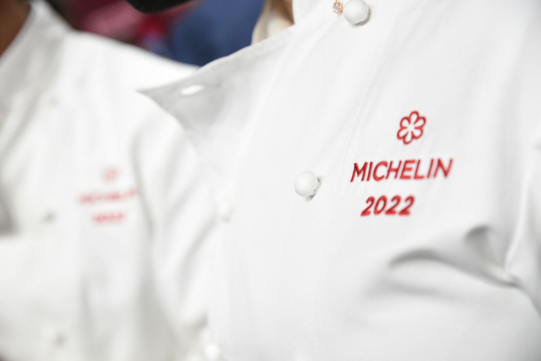 A Michelin logo on a chef's uniform at the gala presentation of the Michelin Guide Spain on December 14, 2021.