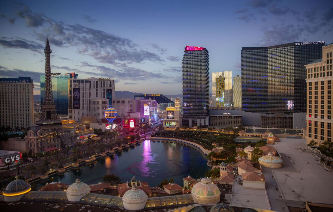 The Bellagio Hotel & Casino's water fountain lake is viewed from Caesars Palace Hotel & Casino on August 13, 2023 in Las Vegas, Nevada.